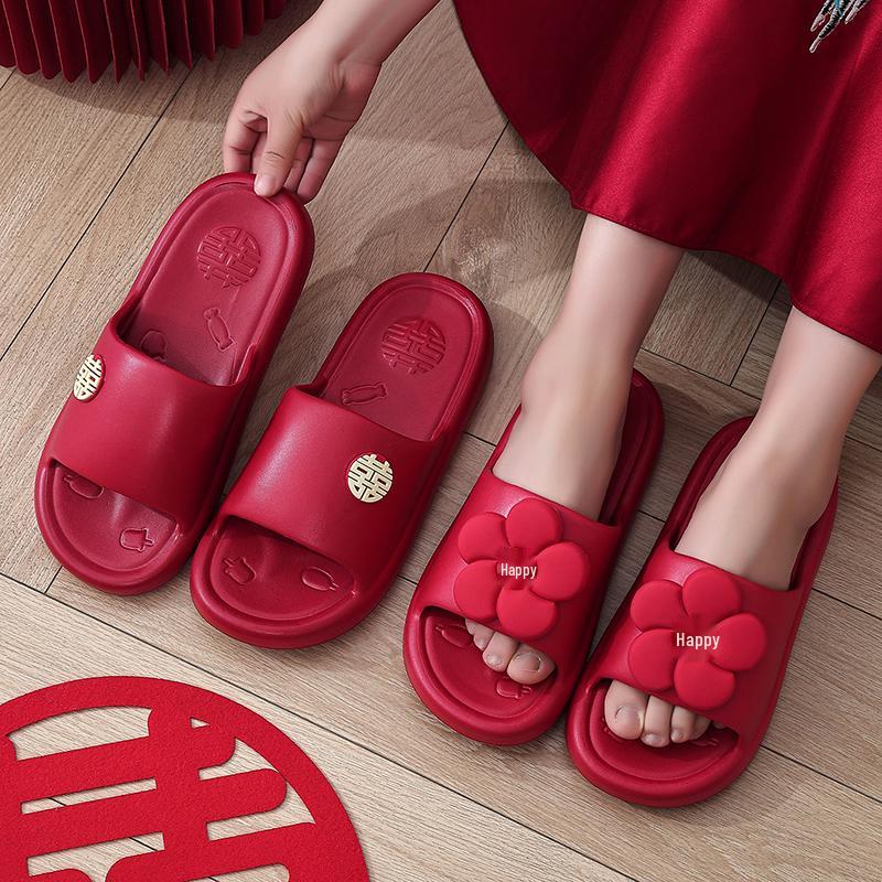 Festive Wine Red Bride Slippers: Luxurious, Comfy Summer Footwear