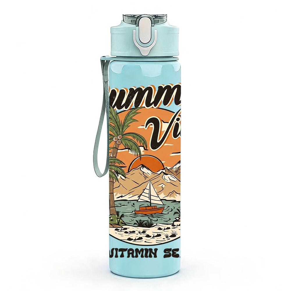 1PC Retro Beach Summer Vibes Poster 750ml Color Plastic Sports Water Bottle Leakproof Flip Straw Lid Suitable for Sports Office Home Use