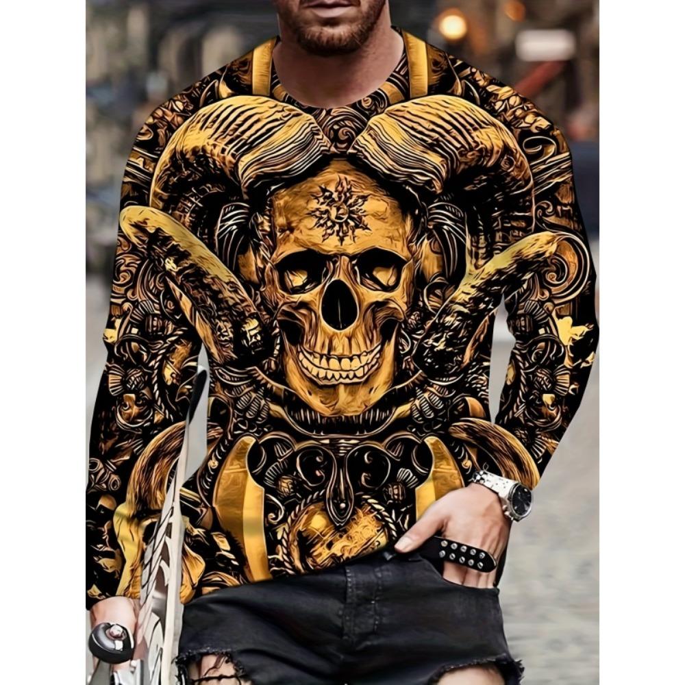Skeleton Sheep Horn Pattern T-Shirt For Men Tiger Cat Deer 3D Printed T Shirts Autumn Casual Loose O-Neck Tops Tees Long Sleeves