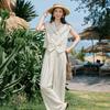 Women's V-Neck Lace Vest and Linen Blend Pants Set
