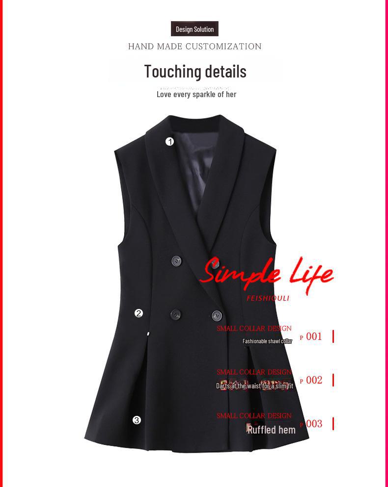 Women's Black Slim Fit Casual Suit Vest - Large Size - Spring/Autumn 2025
