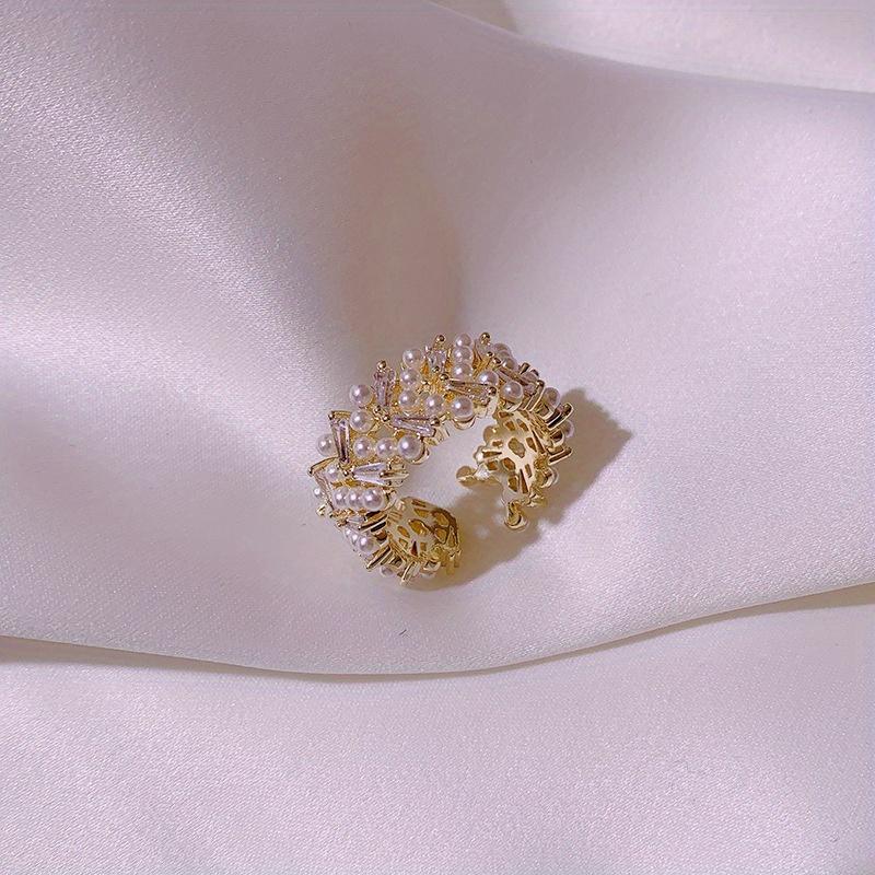 Elegant Zircon Leaf Open Rings for Women Imitation Pearl Inlaid Zircon Adjustable Ring Wedding Party Jewelry