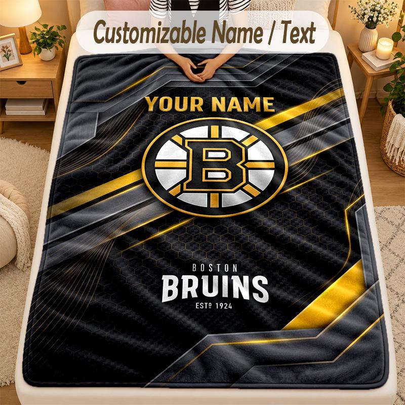 Flannel BlanketBoston Bruins Custom Name Text Personalized Soft Warm Throw Blanket Home Decor Gift