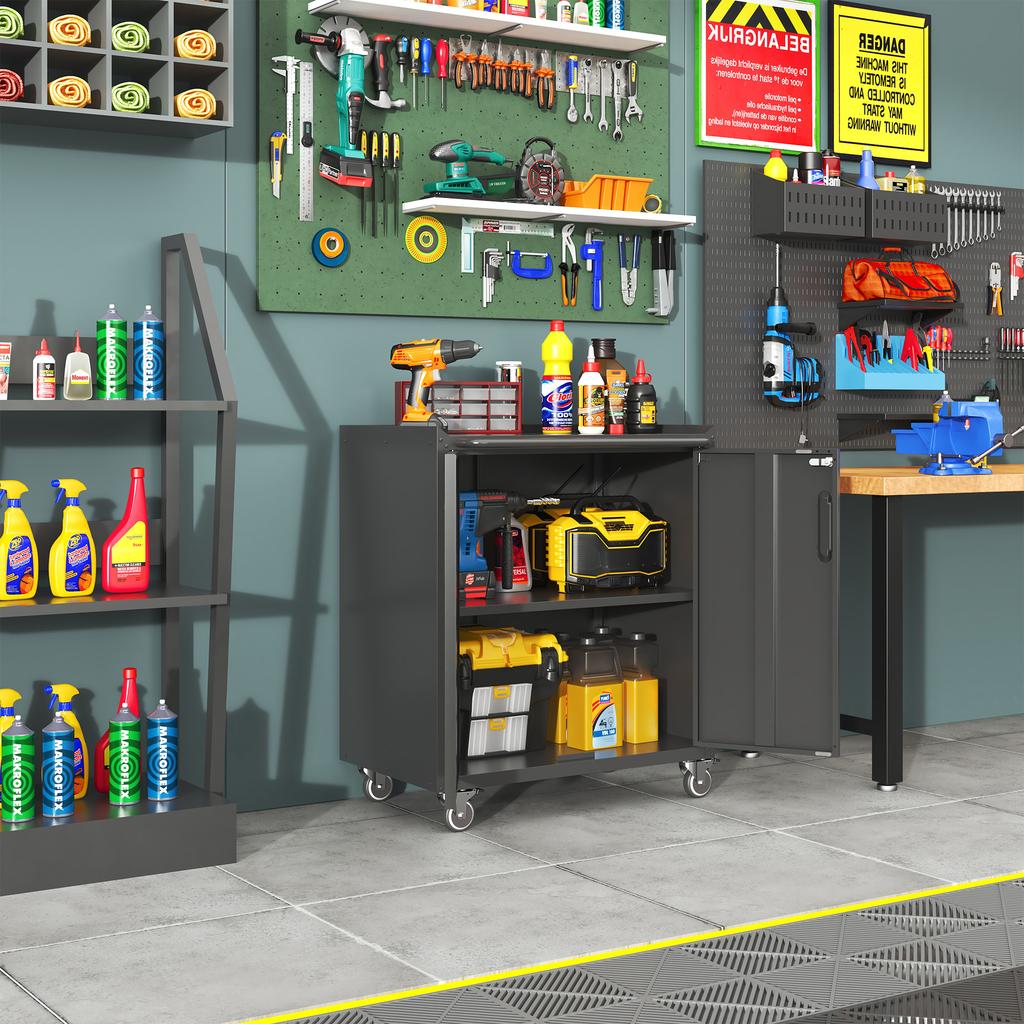 Heavy-Duty Metal Garage Storage Cabinet with Wheels, 75 x 42 x 88 cm, with Lock - Universal for Office, Basement, Workshop (Assembly Required)