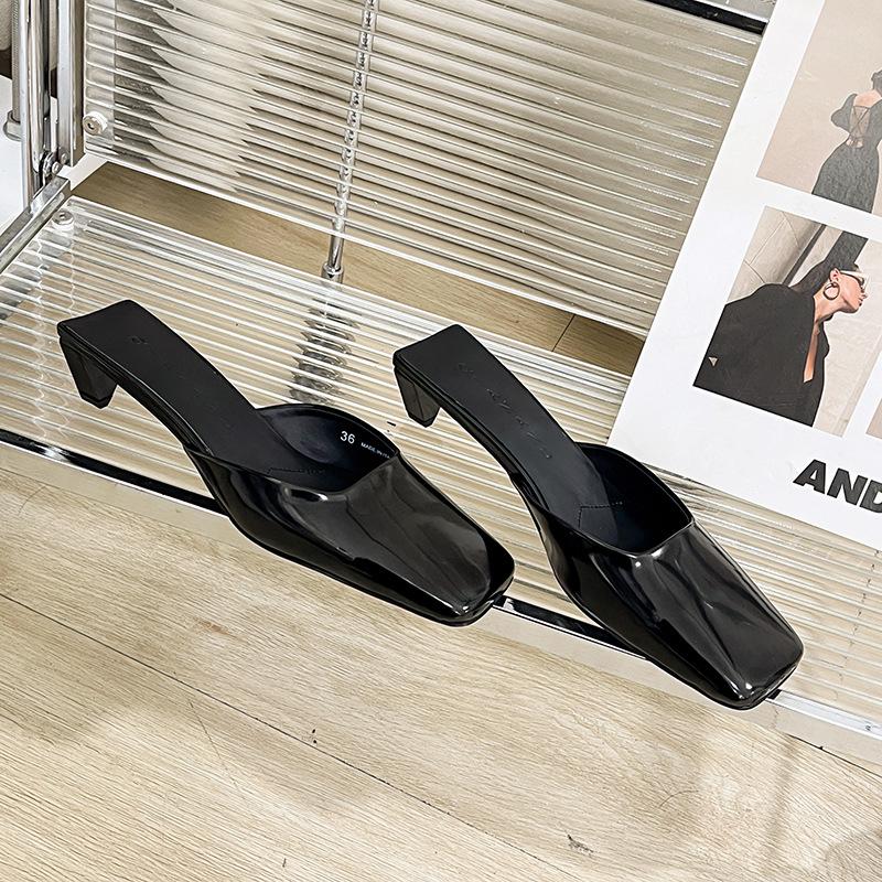 

Кожаные шелковые туфли-мюли с квадратным носком, на необычном каблуке средней высоты, класса люкс, женские, летние, крутые тапочки 40
