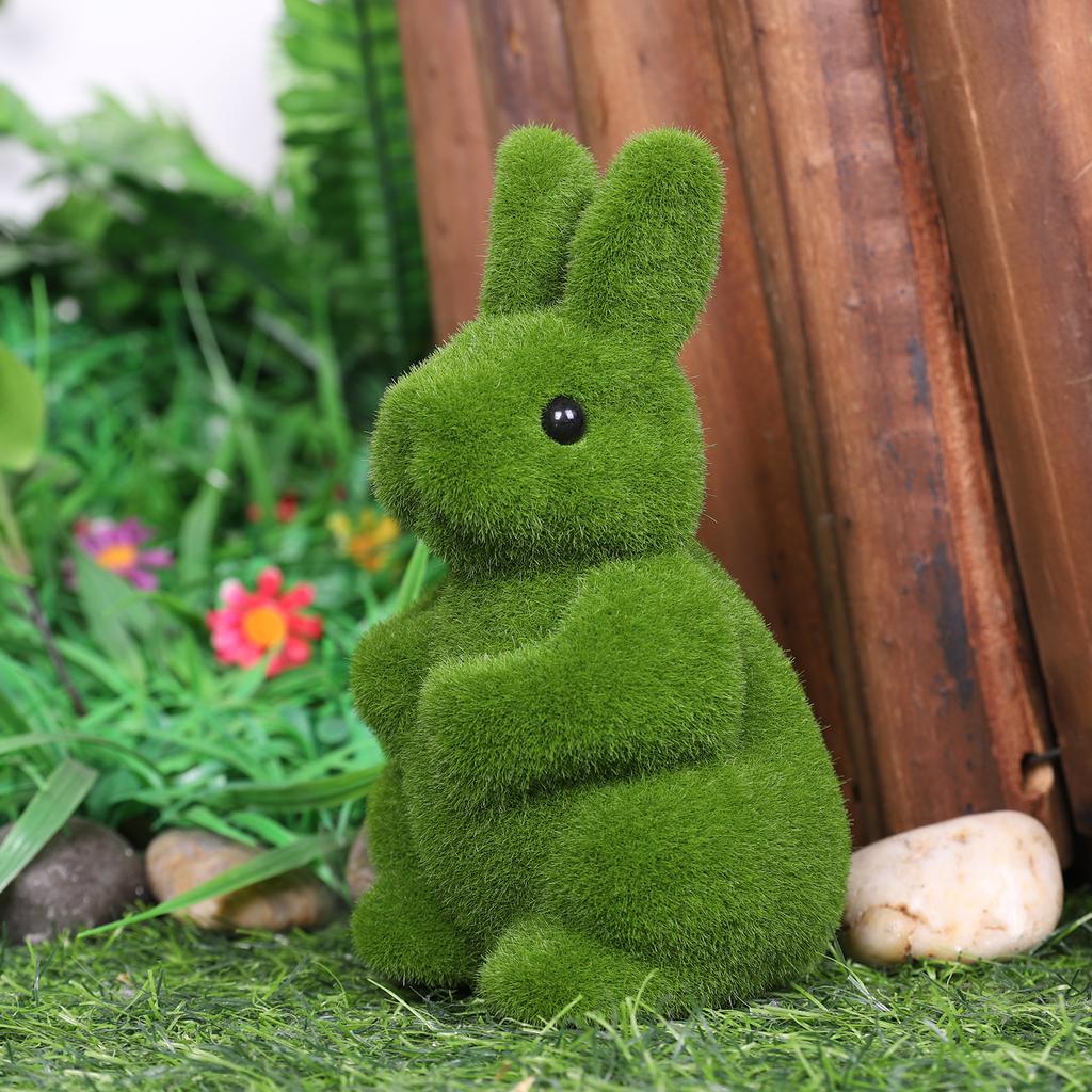 2Pcs Flocking Bunny Statue Flocked Animal Statue Decorative Fake Green Moss Rabbit Decoration Cute for Patio Garden Yard