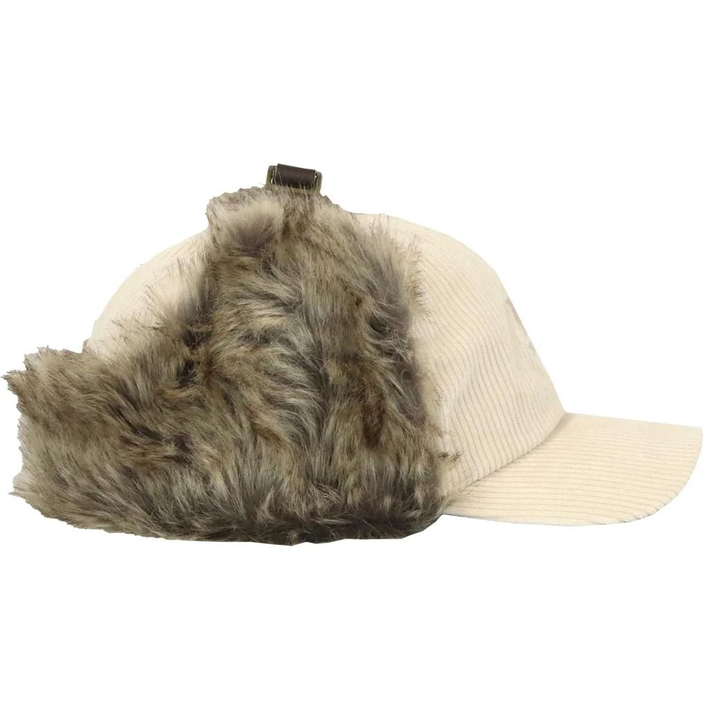 Moz Flight Cap with Ear Flaps, Men's and Women's Pilot Hat, Corduroy with Logo and Fur, Perfect for Fall and Winter, Ivory and Off-White