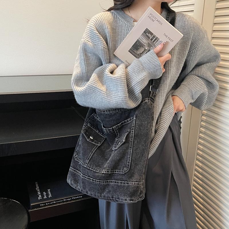 Vintage Large Capacity Denim Tote Bag Women's Shoulder Bag Commuter Crossbody Bag