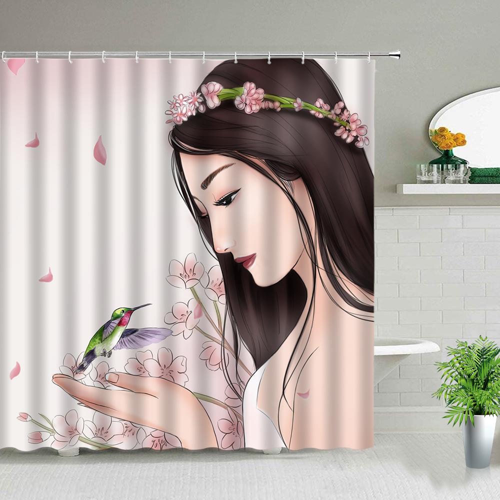 Sonnenlicht Strandmädchen Palme Surfbrett Landschaft Duschvorhänge Sexy Frau 3D-Druck Schicker Vorhang Badezimmerdekor Mit Haken