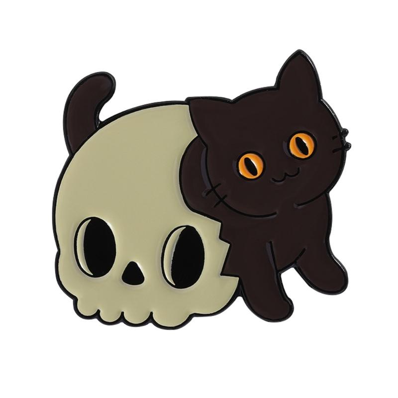 Unique Skeleton Cats Theme Metal Pin Creative Gift Mysterious Black Cats Jewelry For Gothic Culture Lovers
