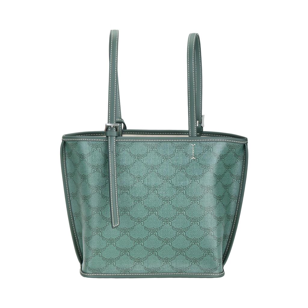 MCM Green Monogram Canvas Tote Bag with Leather Accents & Signature Logo Charm for Daily & Travel Use