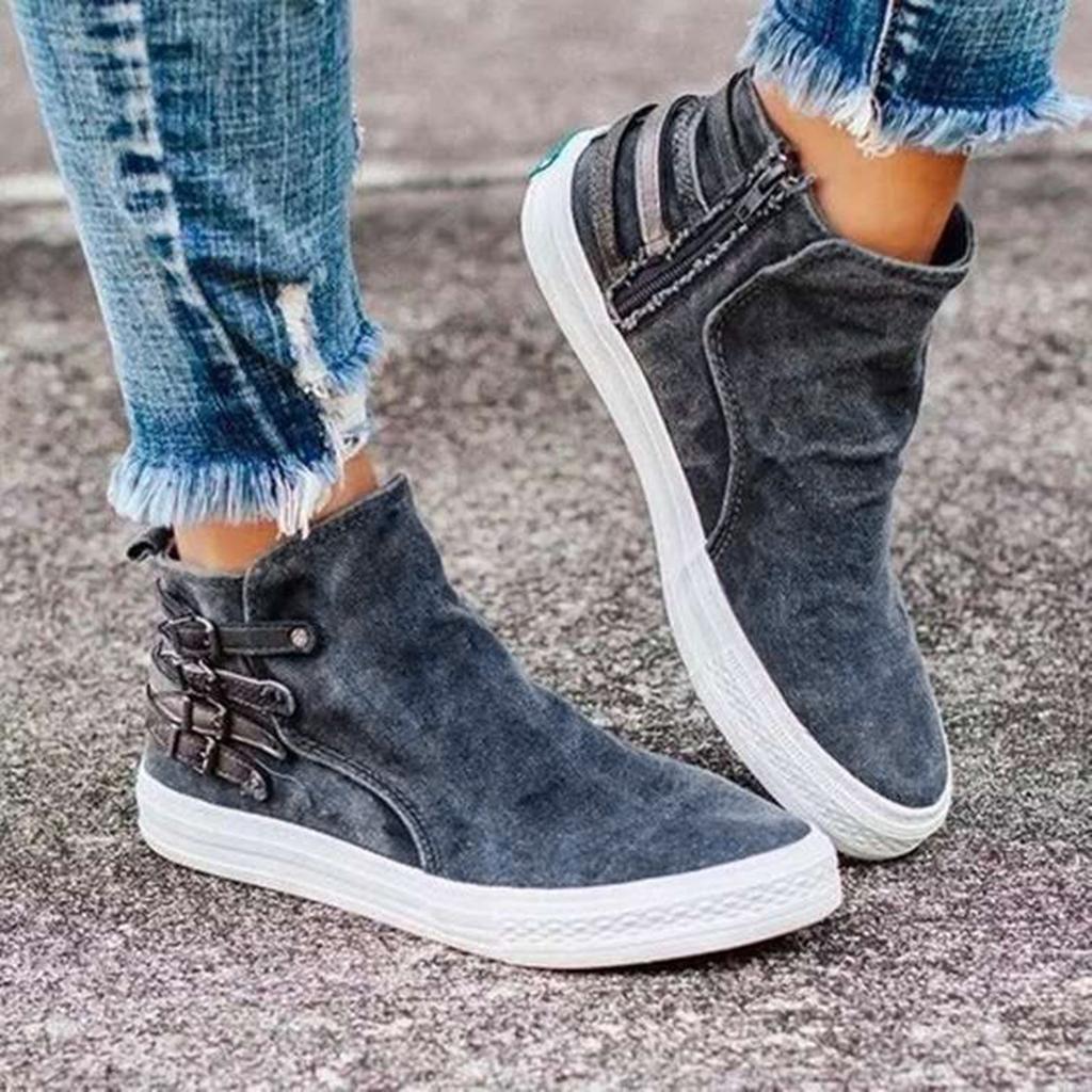European And Casual Belt Side Zipper Denim Single Shoes Canvas Shoes Pool Sandals