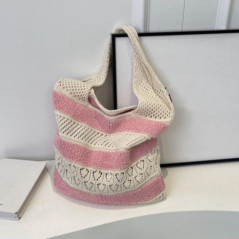 

Yogodlns Fashion Vintage Colour Blocking Striped Knitted Hollow Tote Bag Large Capacity Shopping Shoulder Bag Handbag for Women 36x10x31cm розовый