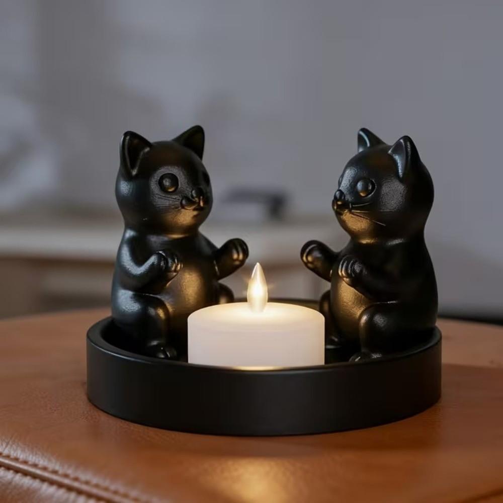 Creative Cartoon Cat Candle Holder Ring-Shaped Decorative Candle Stand Cute Black Kitten Ornament Office