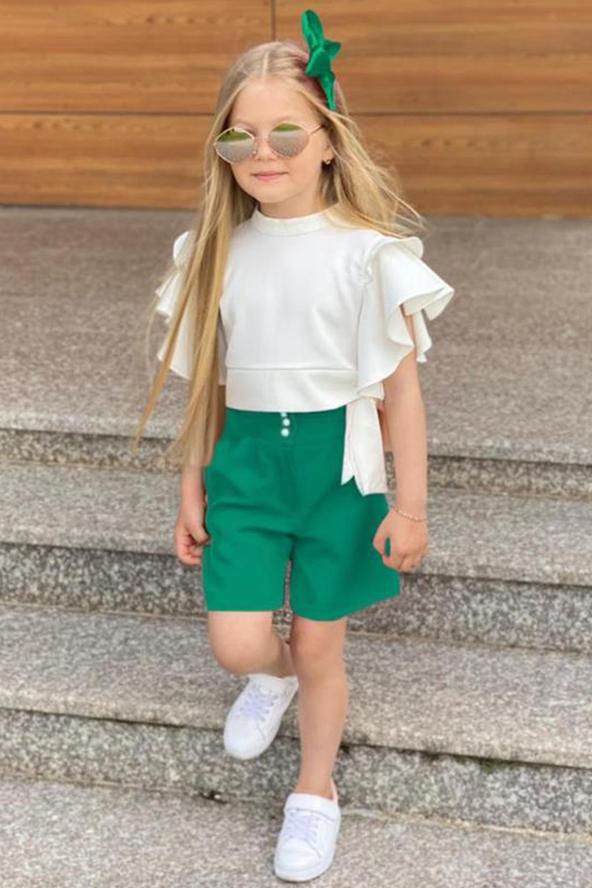 

Girl s Back Zipper Detailed Shoulder Frilly Green Shorts Set
