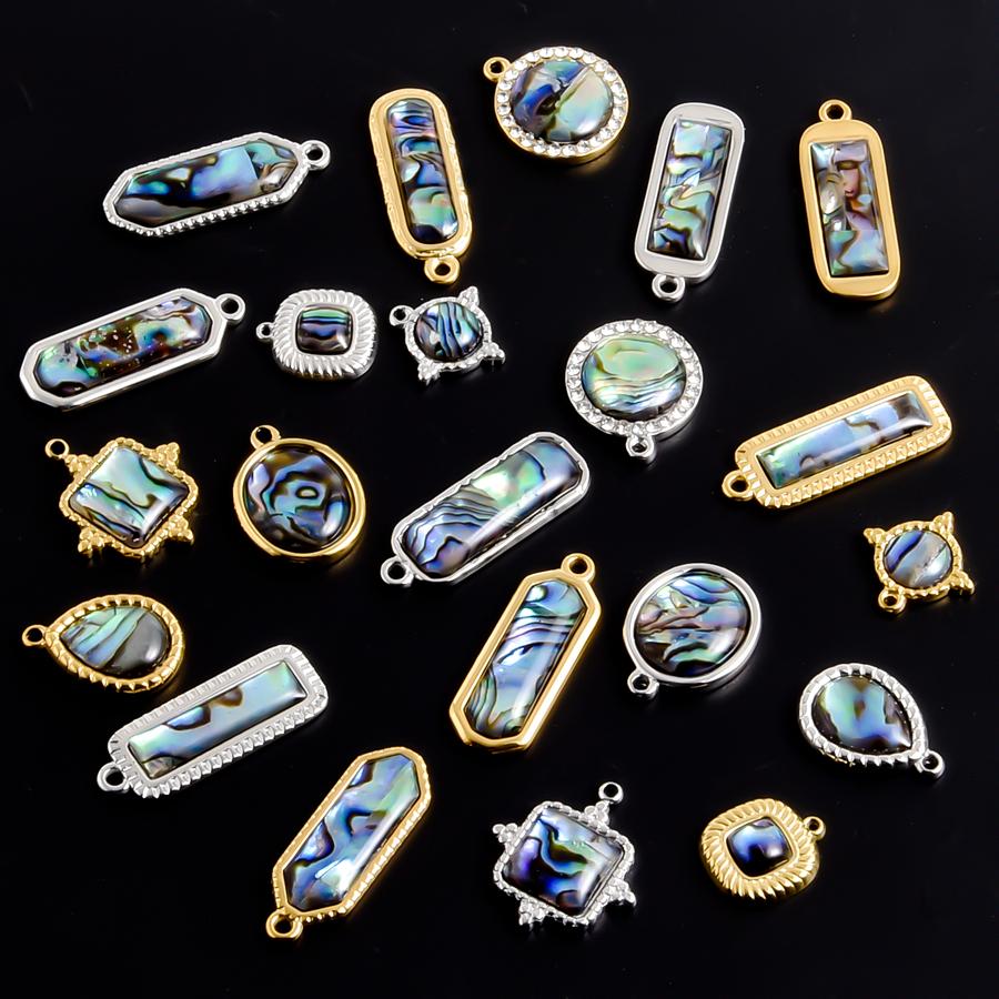 3pcs Geometric Charm Real Abalone Shell Stainless Steel Pendants For Jewelry Making Supplies Rectangle Round Pendant DIY Finding