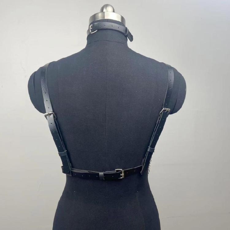 PU Leather Chest Harness with Eye Catching Chain Gothic Body Bra Harness for Parties and Unique Fashion Statements