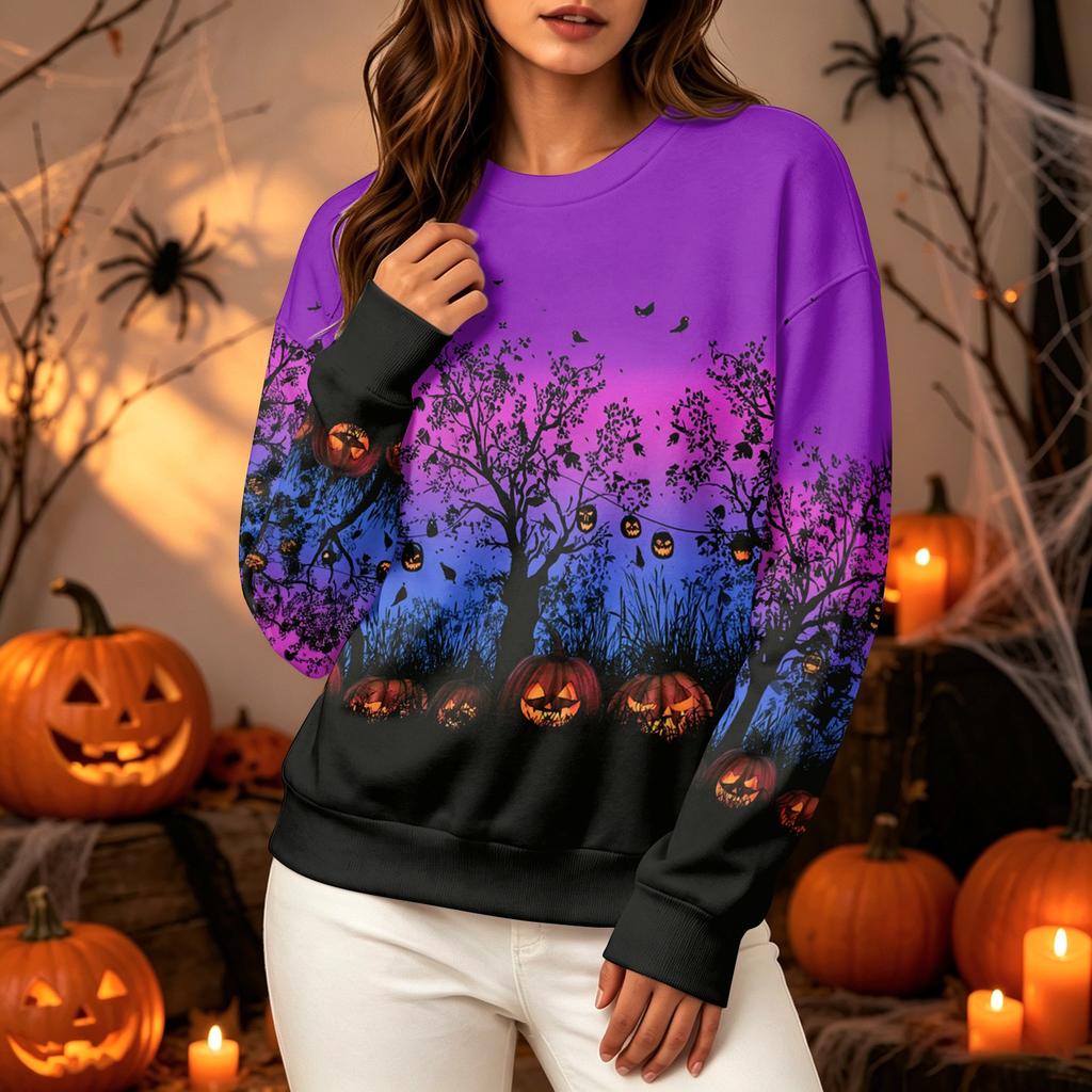 Women's Casual Long Sleeve Halloween Print Crewneck Sweatshirt