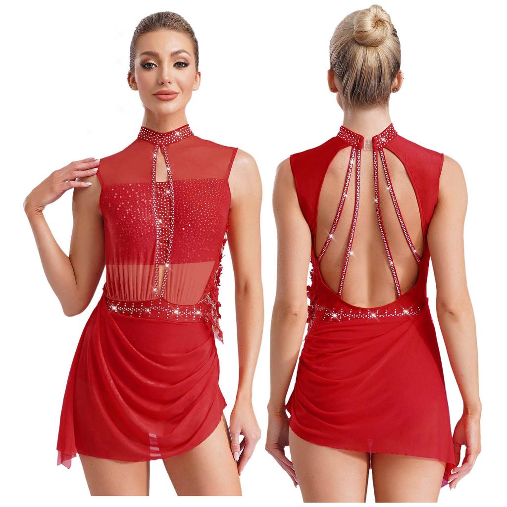 Women Figure Skating Ballet Dance Dresses Sleeveless Backless Sheer Mesh Overlay Shiny Rhinestones Asymmetrical Dress Dancewear
