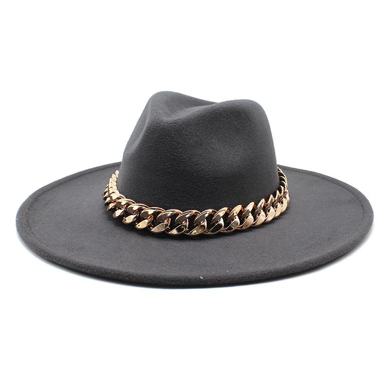 Wind Season Big Eaves Hat Thick Chain Flat Edge Top Hat Men'S And Women'S Woolen Jazz Hat Lmn177