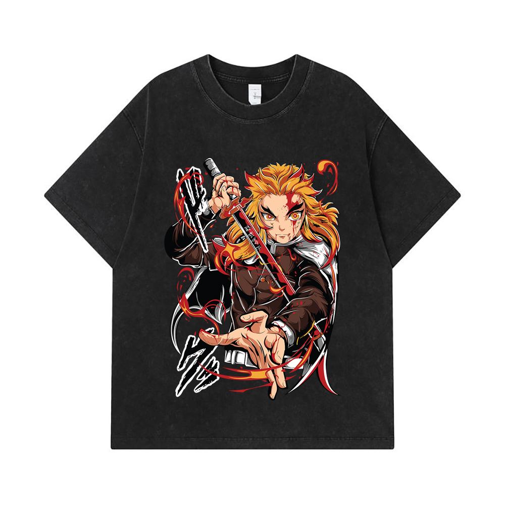 275 GSM Washed T-shirts 100% Cotton Demon Slayer V85 Rengoku Print Unisex Heavy Cotton T Shirt