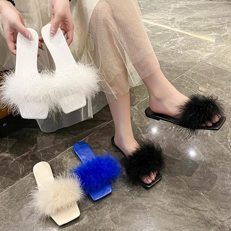 Lucyever Blue Summer Flat Fur Slipper Women 2025 Soft Bottom Non Slip Slides Shoes Woman Fashion Square Toe Fluffy Slippers