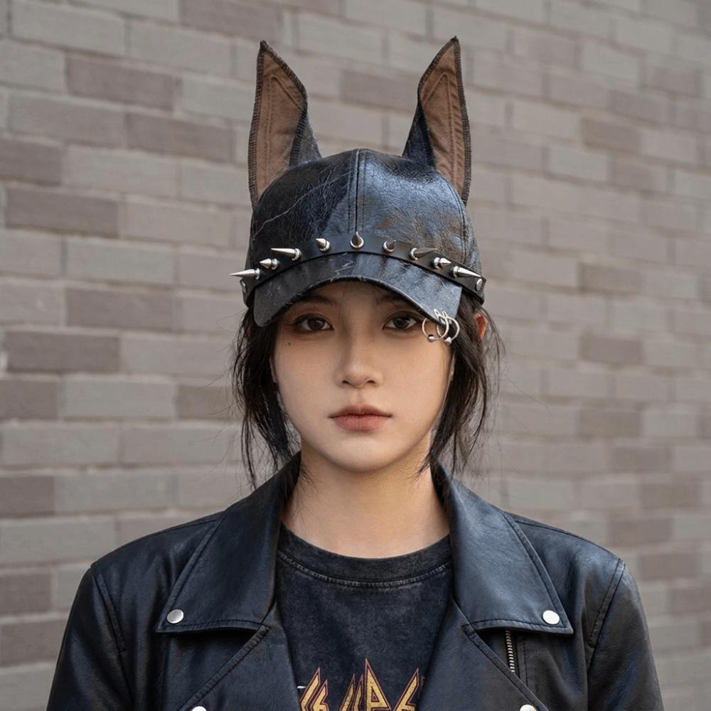 Fashion Solid Dog Ears Baseball Cap Adjustable Punk Style Leather Baseball Cap Y2K Sunshade Sunshade Hat Man
