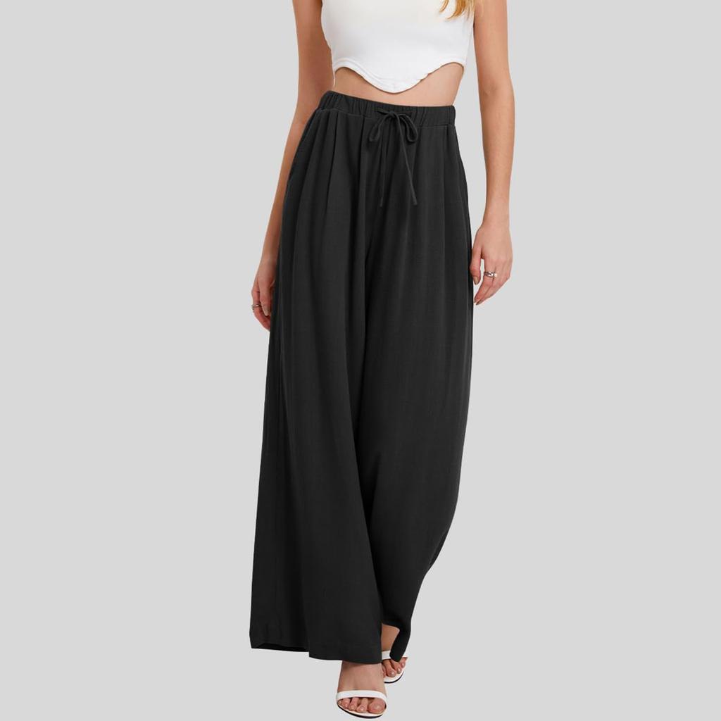 Damen Sommerhose aus Baumwollleinen mit weitem Bein, lässig, locker, Kordelzug, hohe Taille, Palazzo-Hose mit Taschen