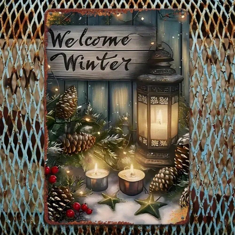2D Winter Iron Sign Lantern with Candle Design, Christmas New Year Outdoor Garden Decor, 12x8 Inch