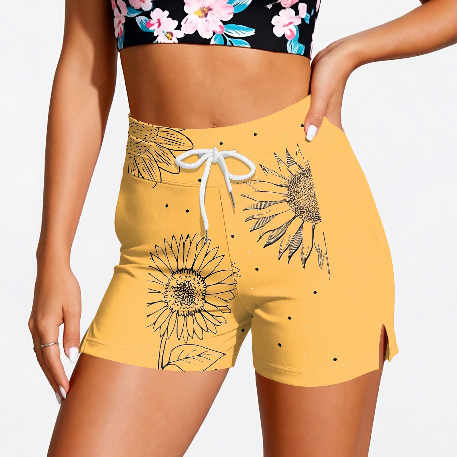 

Women’s Drawstring Waist Relaxed Fit Shorts with Floral Print Lightweight Fabric Casual Summer Wear XL жовтий