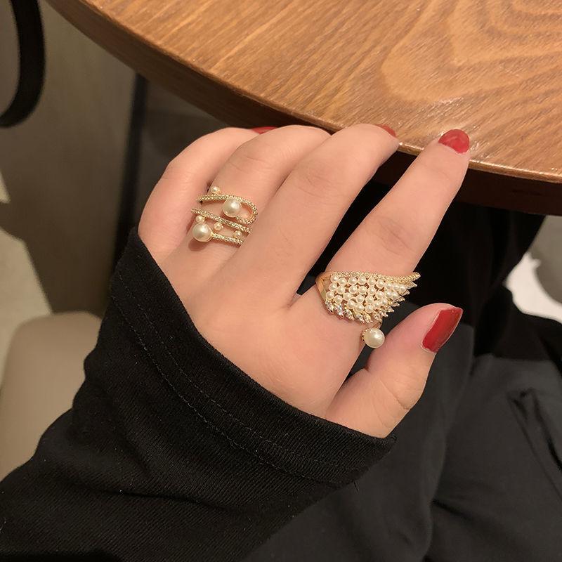 Siteng Jingtian Pearl Wing Open Ring Female Tide Cold Wind Niche Design Personalized Index Finger Ring