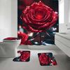 4Pcs Red Rose Pattern Shower Curtain Set with Non-Slip Bath Mat, Toilet Lid Cover, Contour Rug & 12 Hooks, Bathroom Decor