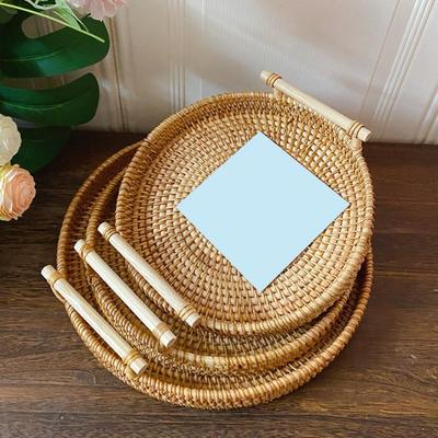 Wicker Fruit Tray Round Rattan Storage Basket Tray With Wooden Handle Bread Fruit Cake Food Plate Serving Tray for Home