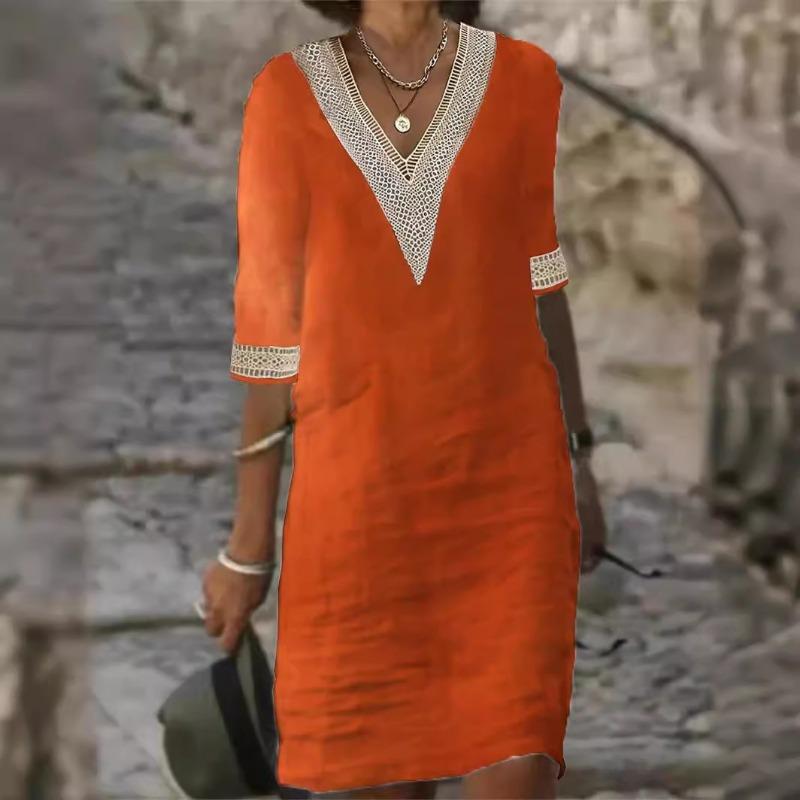 Frühlings- und Sommerkleider mit fester Spitze, V-Ausschnitt, Übergröße, Damenmode, dünn, kurzärmelig, locker, lässig, für Frauen, elegant, retro, figurbetontes Kleid 26535