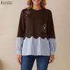 ZANZEA Damen Lässiges Langarm Streifen Patchwork Pullover Sweatshirt