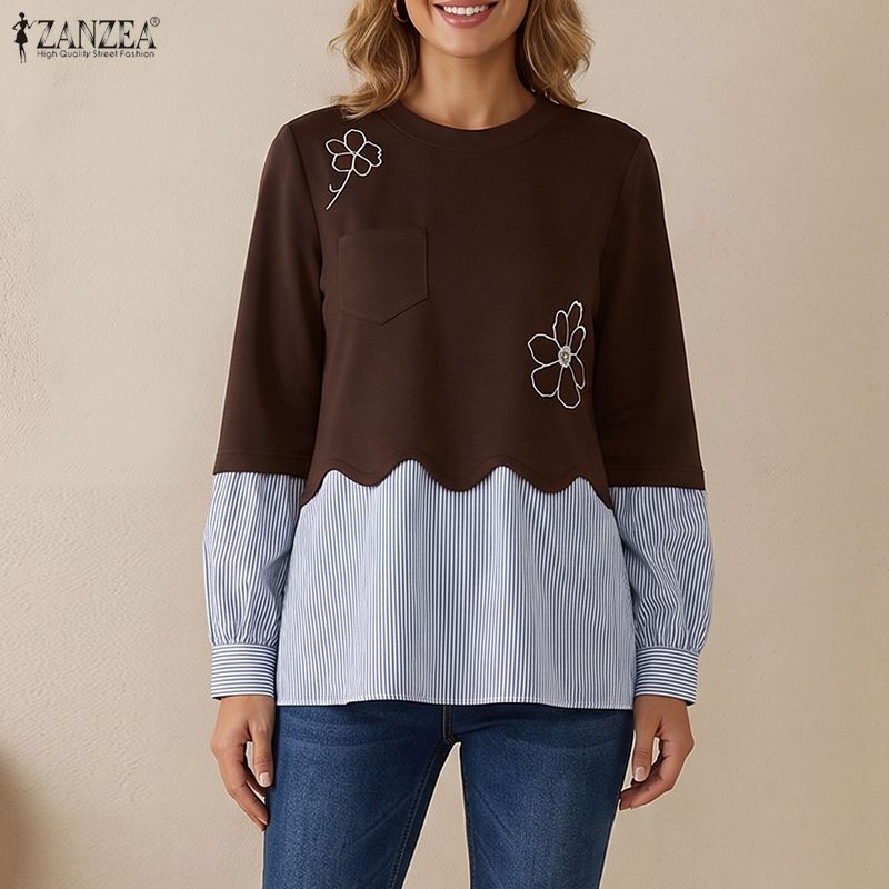 ZANZEA Damen Lässiges Langarm Streifen Patchwork Pullover Sweatshirt