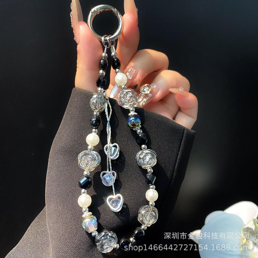 Wholesale Phone Chain Alloy Heart Zircon Tassel Hanging Chain Acrylic Rose Flower Wrist Beaded Phone Case Lanyard