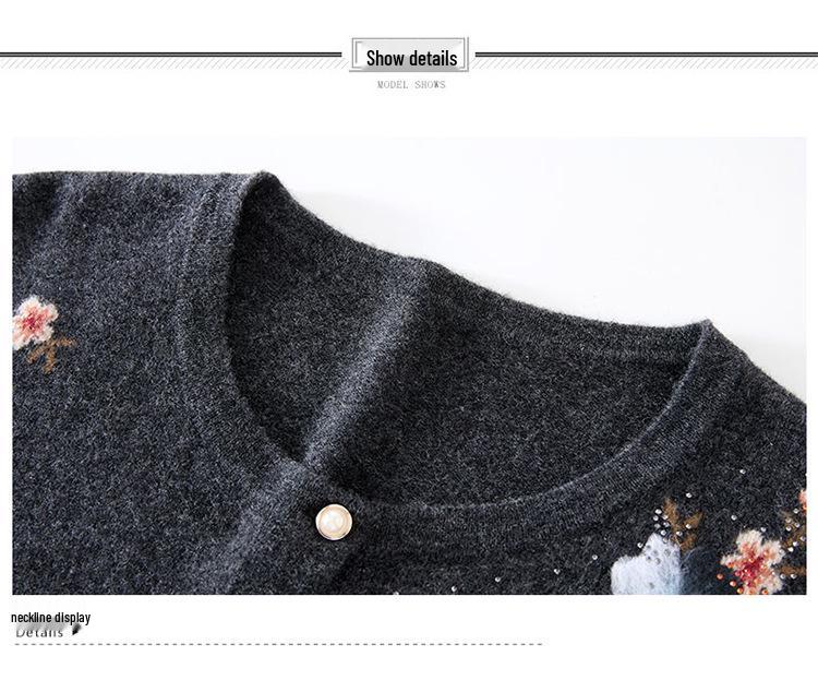 Elegant Women's Pure Wool Cardigan - Autumn/Winter Round Neck Knitwear with Embroidery for Mid-to-Old Age Mothers