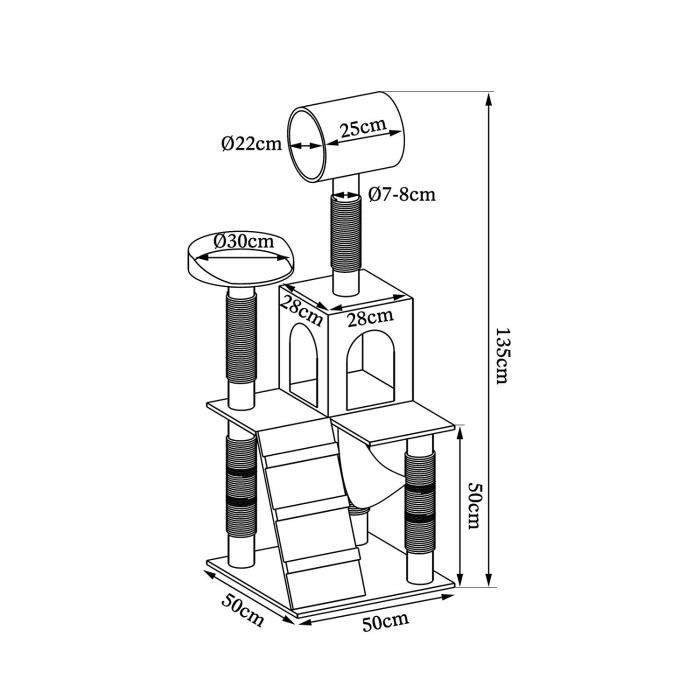 Arbre à chat - dibea - kb00357 - noir/blanc - 133 cm - griffoir en sisal