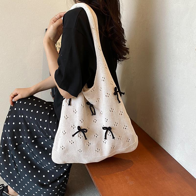 Solid Color Large Capacity Shoulder Bucket Bag Fashionable Knitted Work Commuter Bag Daily Shopper Tote For Women