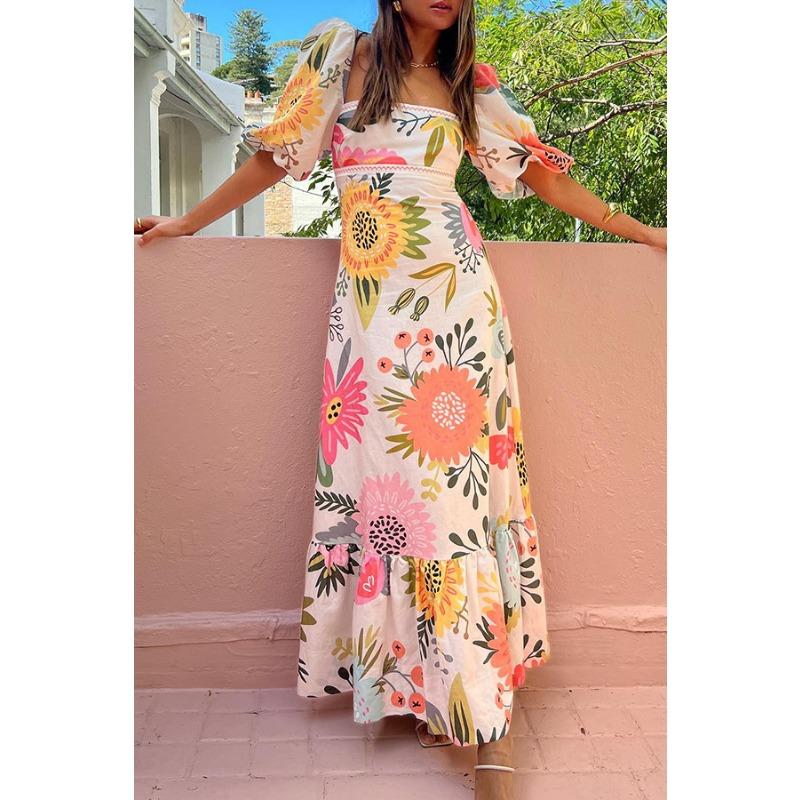 

Повседневное облегающее платье из хлопка и льна с односторонним воротником и напечатанными рукавами-фонариками XL оранжевый