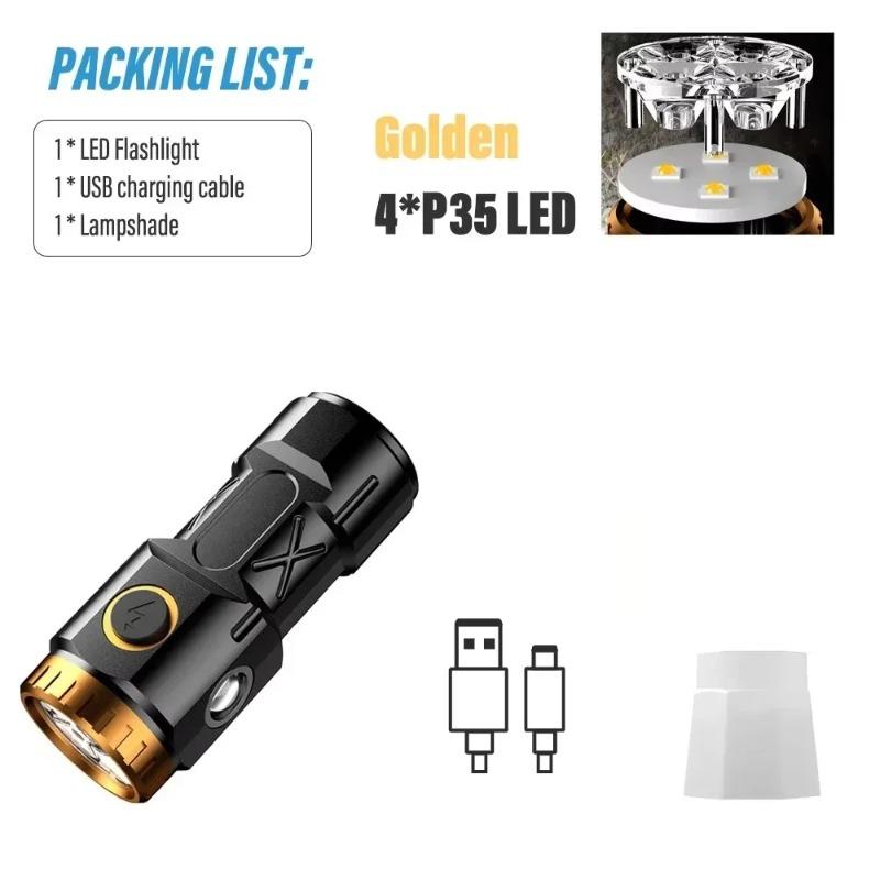 

4/6/8LED MINI Rechargeable LED Flashlight Camping Light With Side Lights and Lampshade Tail with Magnet Suitable for Exploring, Camping Gold-4LED