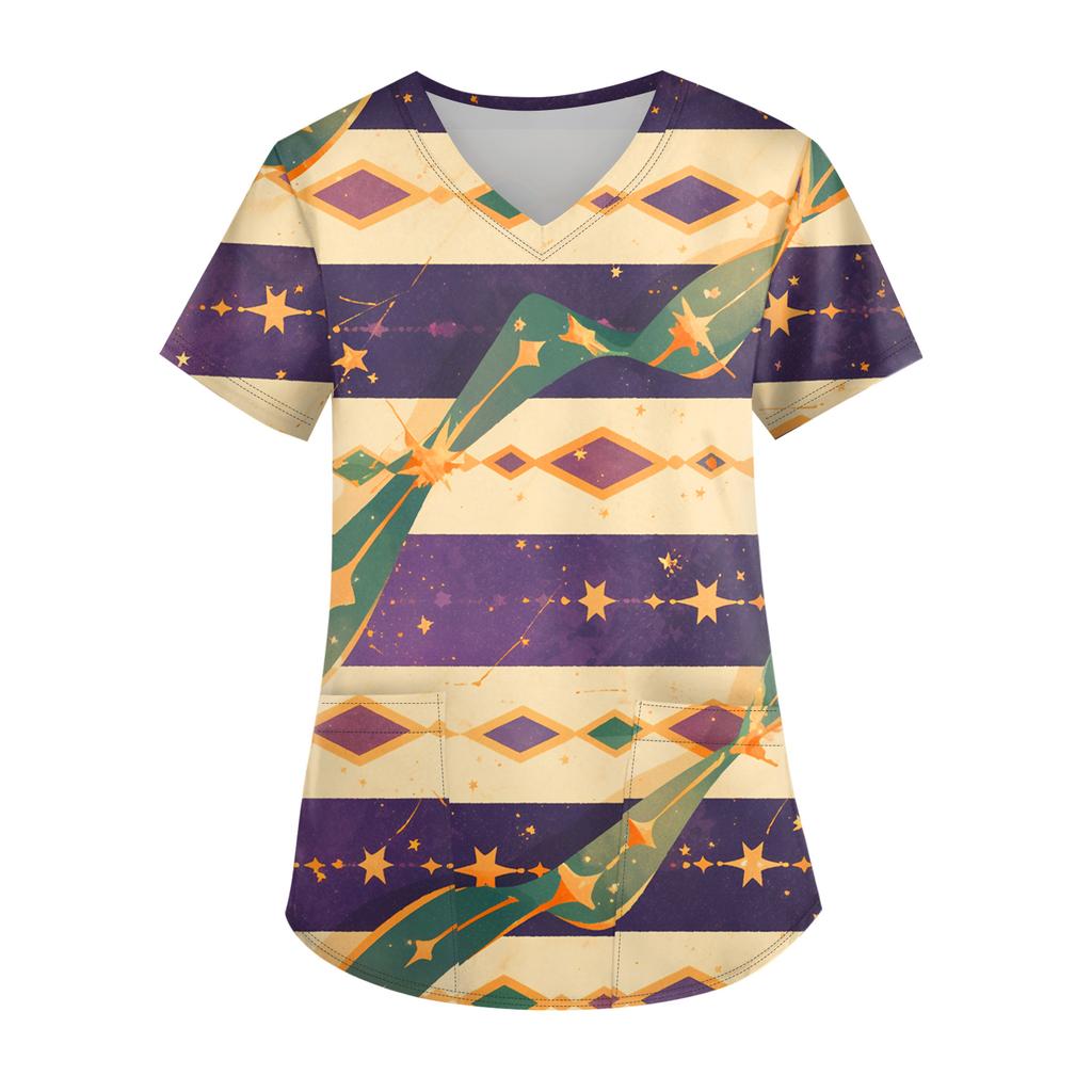 Ladies' Carnival Printed Fashion V-neck Pocket Short Sleeved Nurse's Wear And Worker's Top