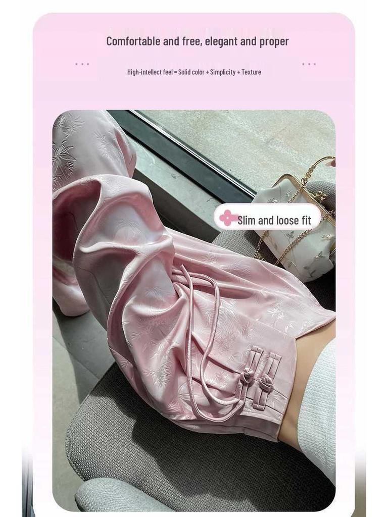 2026 Spring/Summer Chinese Style Satin Wide-Leg Frog Button Pants - Women's Slimming Straight-Leg, Floor-Length Business Trousers