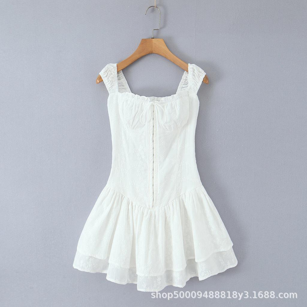 French Niche White Romantic Lace-up Embroidered Suspender Vest A-word Short Skirt Women's Waist Cake Dress