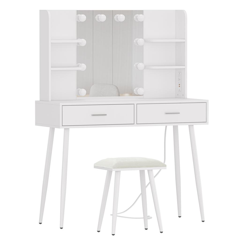 Furniouse Vanity Desk with Mirror Lights Touch Switch 3 Lighting Modes Brightness Adjustable Table Set for Bedroom Studio