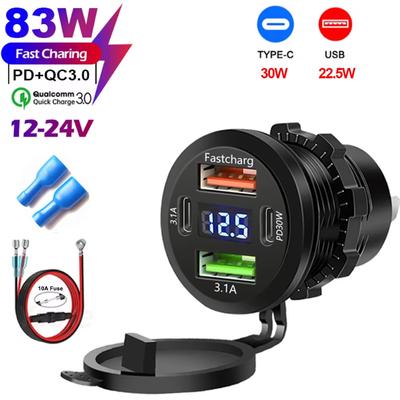 4-Ports Car Charger with LED Voltmeter PD Type C QC3.0 Fast Charging USB Power Outlet Adapter Waterproof 12V/24V for Car Boat