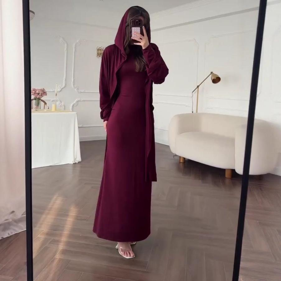 2025 Summer Long Sleeve Tie Waist Hijab Dress with Cape