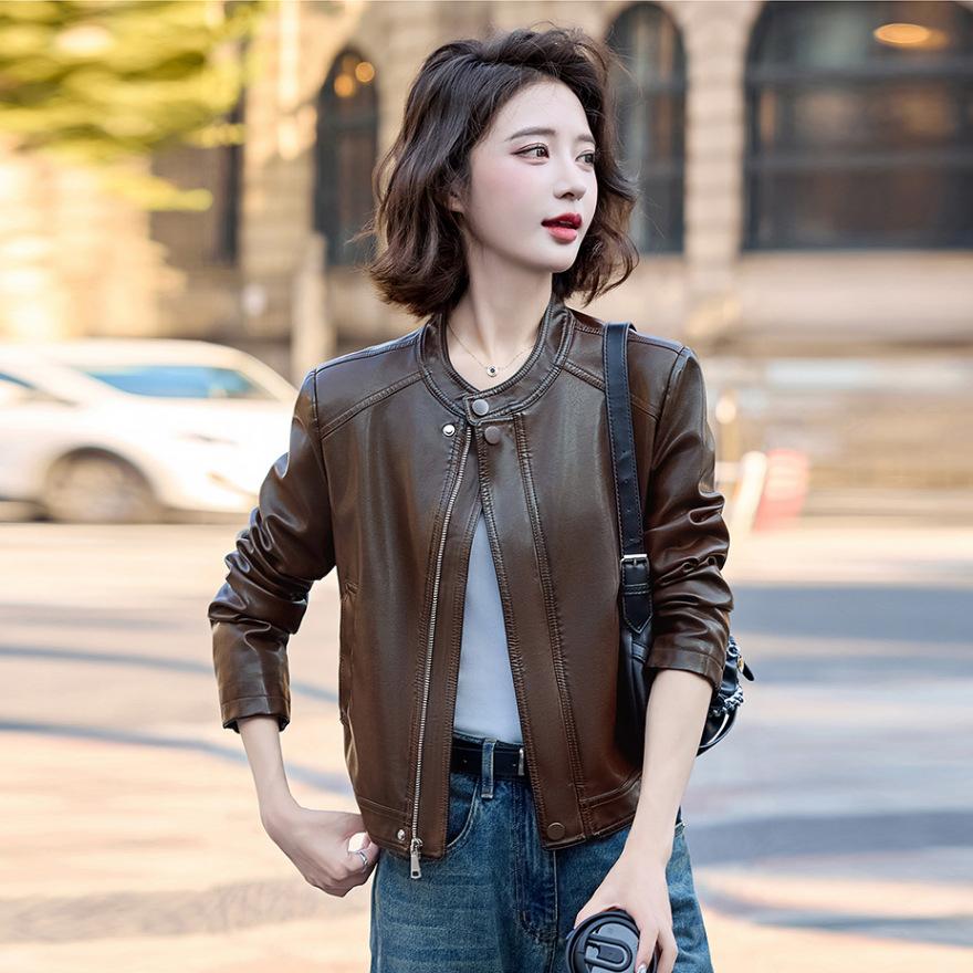 

Leather jacket women s short spring and autumn new brown temperament design sense small locomotive retro leather jacket M коричневий