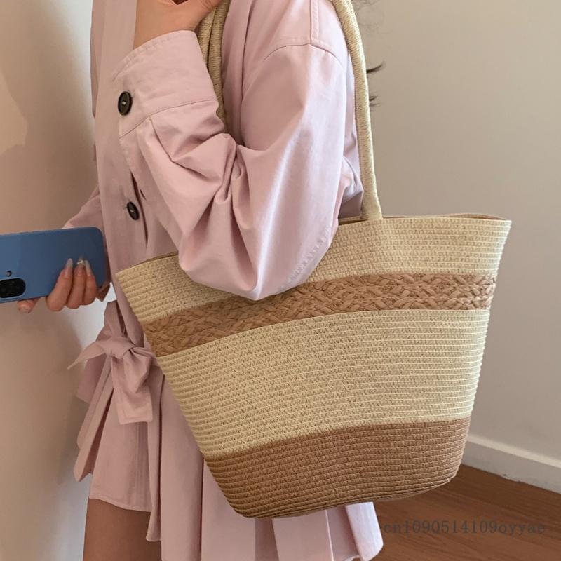 New Beach Straw Woven Shoulder Bags Versatile Simple Straw Woven Bags Large Capacity Tote Bags Women's Beach Vacation Beach Bags
